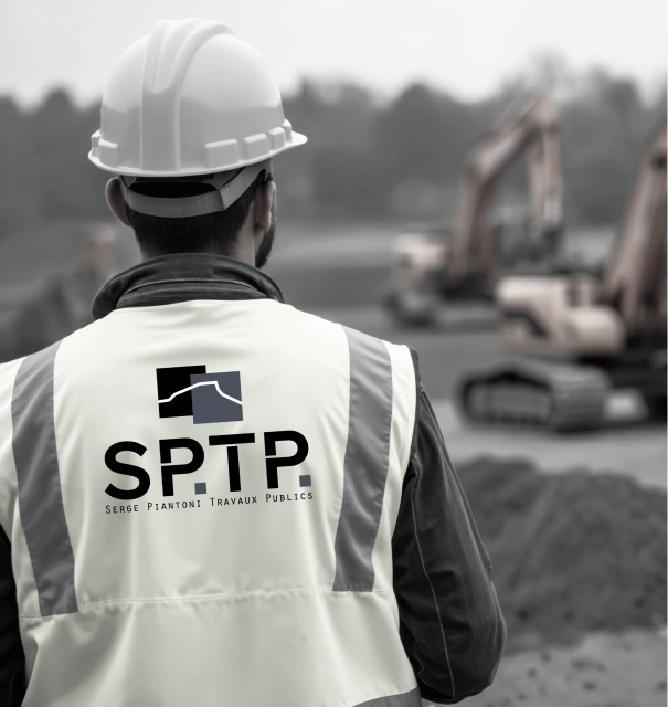 Homme de dos portant un gilet de l'entreprise SPTP travaux publics sur un chantier avec en fond des engins de chantier